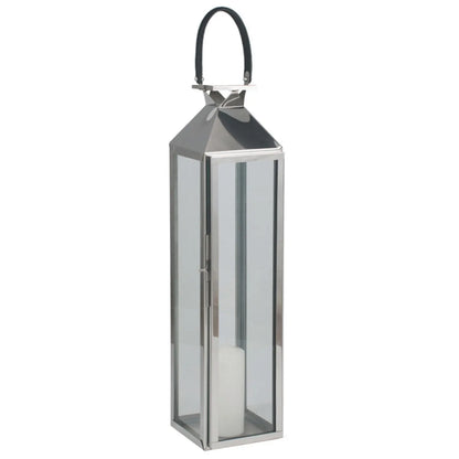 Tall Floor-Standing Silver Lantern with Glass Panels & Leather Handle – Stainless Steel Candle Holder 81x19cm - Click Style