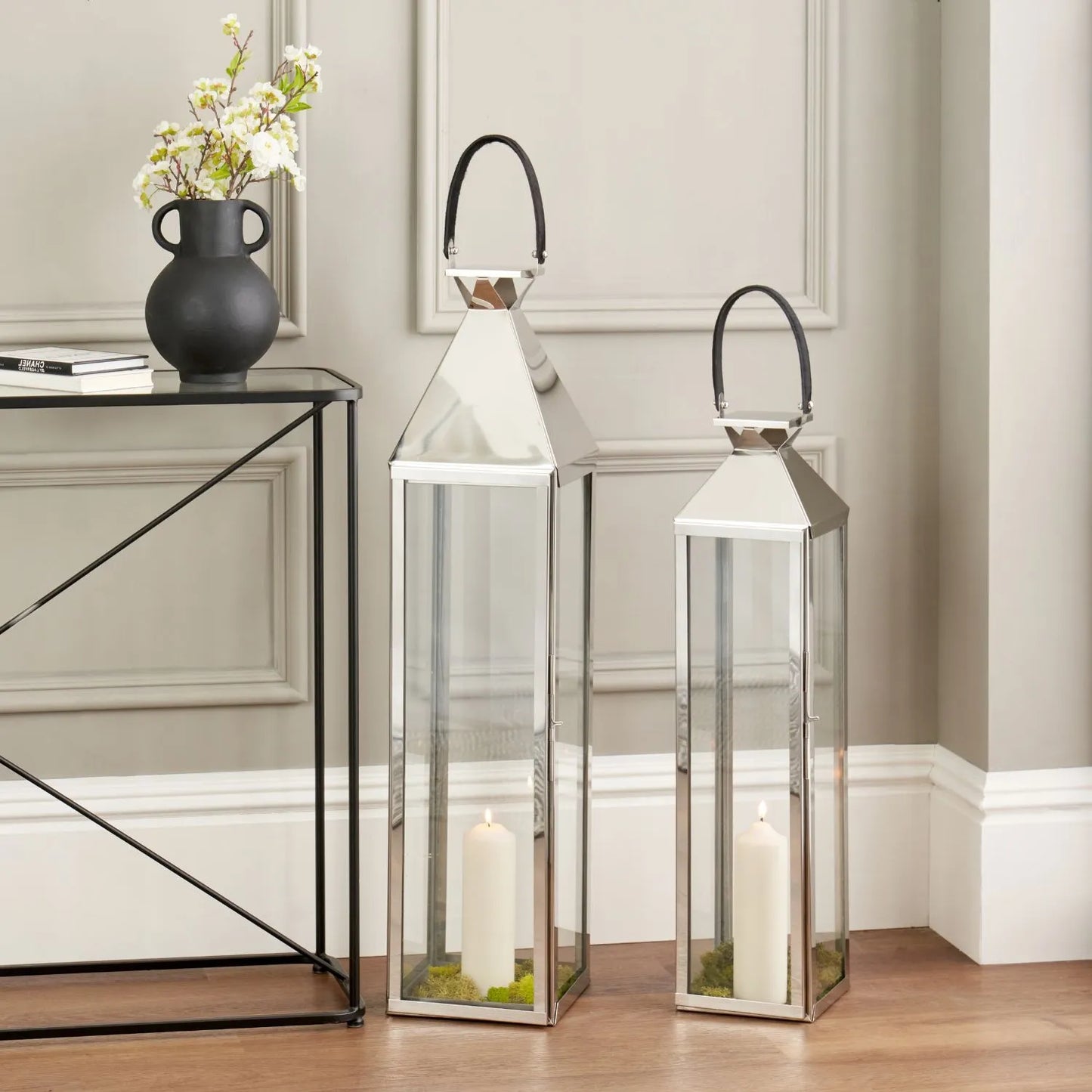 Tall Floor-Standing Silver Lantern with Glass Panels & Leather Handle – Stainless Steel Candle Holder 81x19cm - Click Style