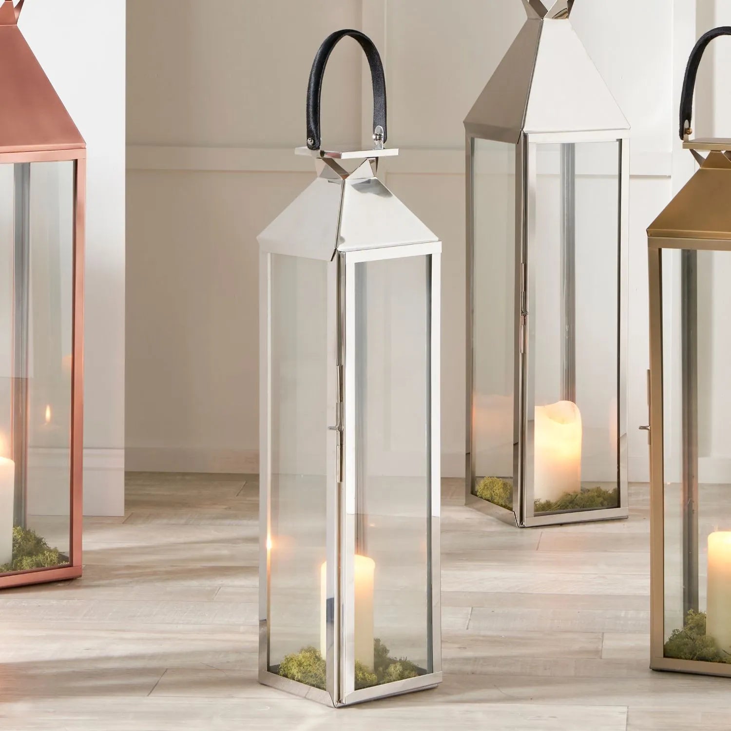 Tall Floor-Standing Silver Lantern with Glass Panels & Leather Handle – Stainless Steel Candle Holder 81x19cm - Click Style