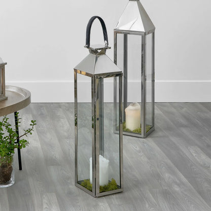 Tall Floor-Standing Silver Lantern with Glass Panels & Leather Handle – Stainless Steel Candle Holder 81x19cm - Click Style