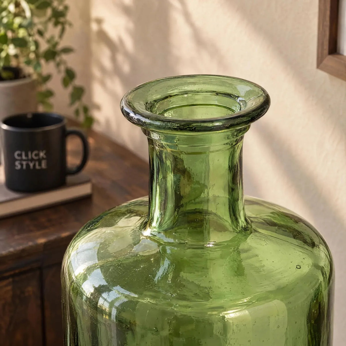 Tall Forest Green Recycled Glass Bottle Vase with Narrow Neck – Large Decorative Floor Standing Vase 75x25x25cm – Close-Up of Rolled Glass Rim Narrow Neck & Recycled Glass Detail | Click Style