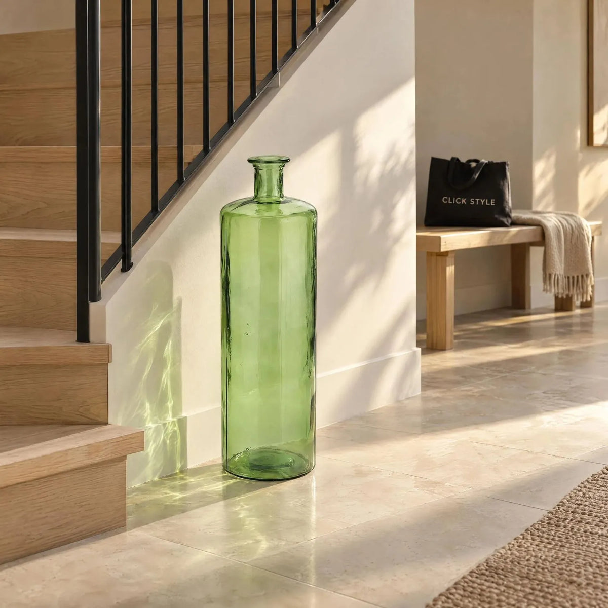 Tall Forest Green Recycled Glass Bottle Vase with Narrow Neck – Large Decorative Floor Standing Vase 75x25x25cm – Displayed Empty Beside Contemporary Staircase | Click Style