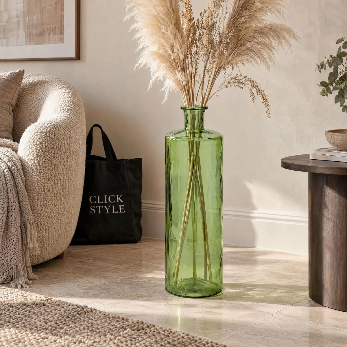 Tall Forest Green Recycled Glass Bottle Vase with Narrow Neck – Large Decorative Floor Standing Vase 75x25x25cm – Styled with Pampas Grass & Neutral Grasses in Living Room | Click Style