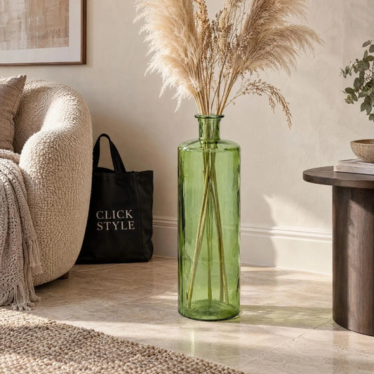Tall Forest Green Recycled Glass Bottle Vase with Narrow Neck – Large Decorative Floor Standing Vase 75x25x25cm – Styled with Pampas Grass & Neutral Grasses in Living Room | Click Style