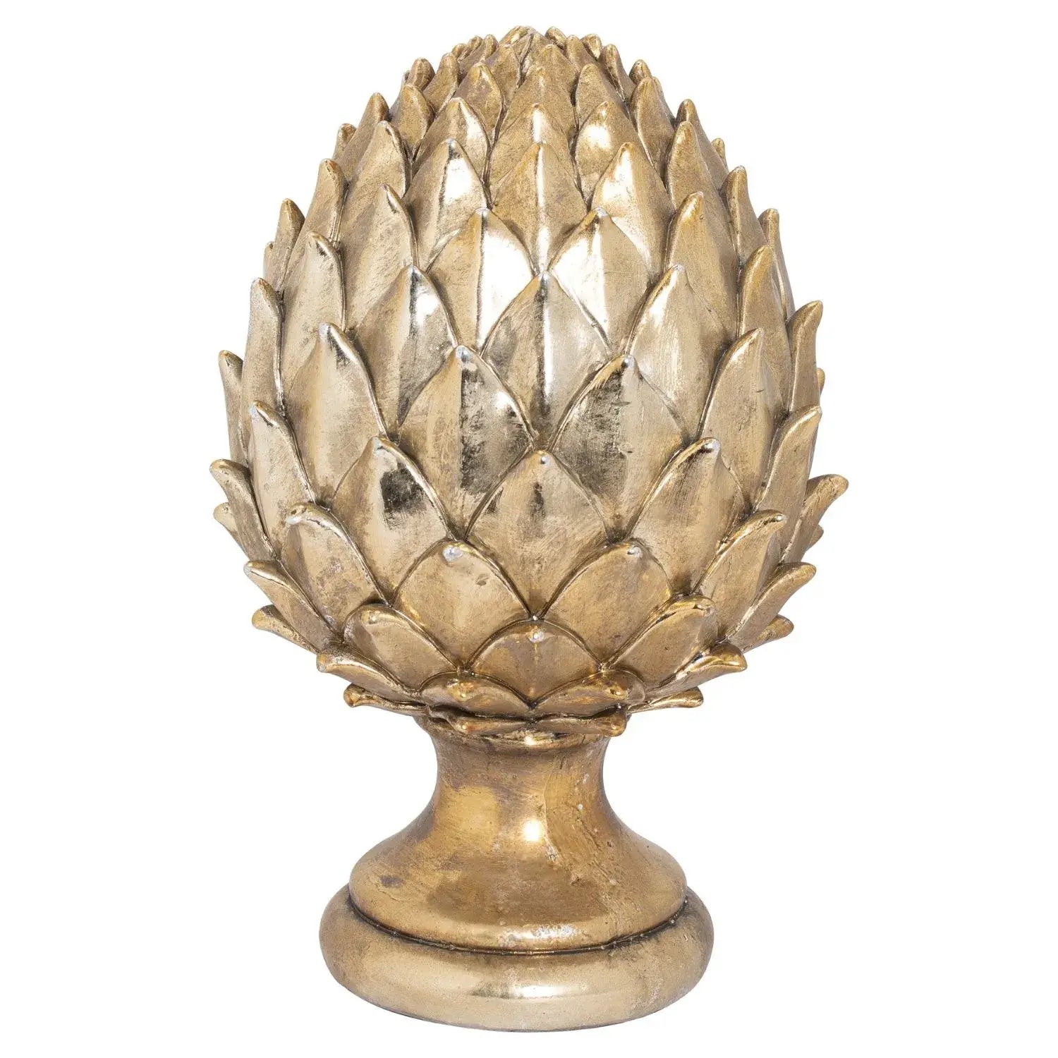 Tall Gold Ceramic Pinecone Ornament on Pedestal Stand with Metallic Finish – Decorative Centrepiece for Home Decor 30x19cm - Click Style