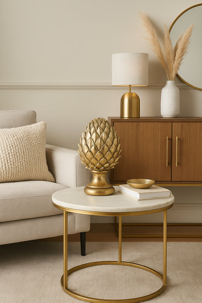 Tall Gold Ceramic Pinecone Ornament on Pedestal Stand with Metallic Finish – Decorative Centrepiece for Home Decor 30x19cm | Click Style