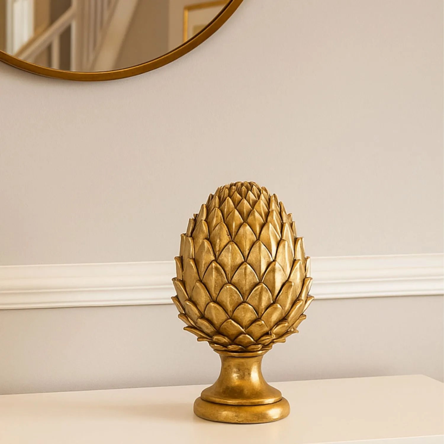 Tall Gold Ceramic Pinecone Ornament on Pedestal Stand with Metallic Finish – Decorative Centrepiece for Home Decor 30x19cm | Click Style