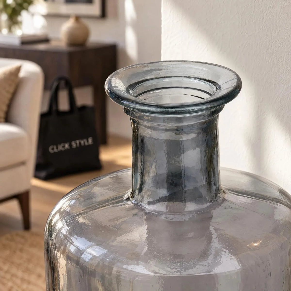 Tall Grey Recycled Glass Bottle Vase with Narrow Neck – Large Decorative Floor Standing Vase 75x25x25cm close-up of narrow neck and rolled glass rim | Click Style