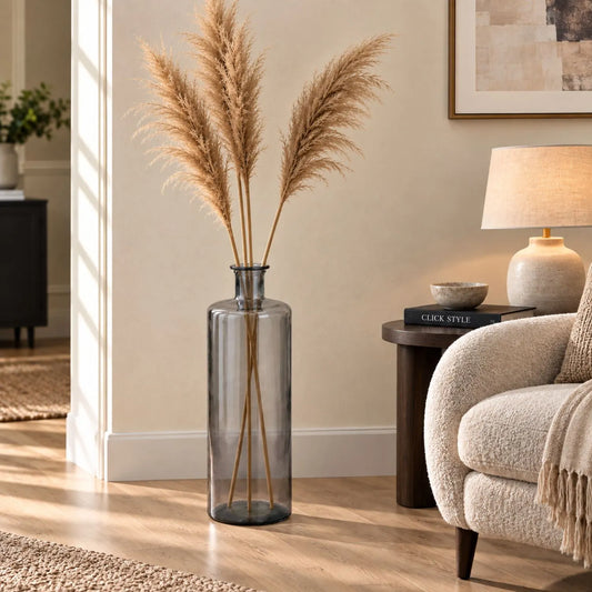 Tall Grey Recycled Glass Bottle Vase with Narrow Neck – Large Decorative Floor Standing Vase 75x25x25cm styled with pampas grass | Click Style