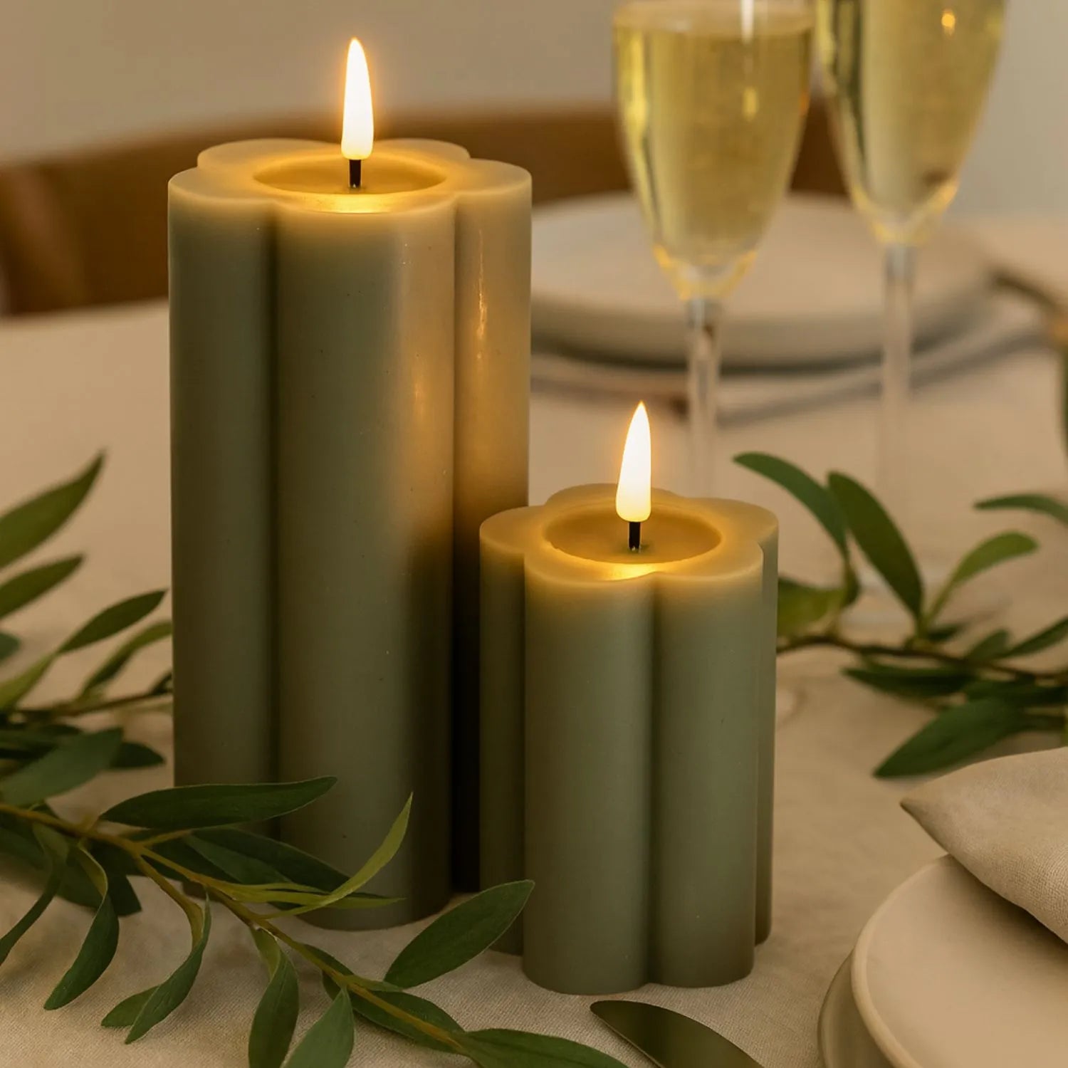 Tall Grey-Sage Scalloped Real Wax LED Flameless Pillar Candle with Realistic Flickering Flame – Battery Operated Decorative Light 15x7x7cm | Click Style