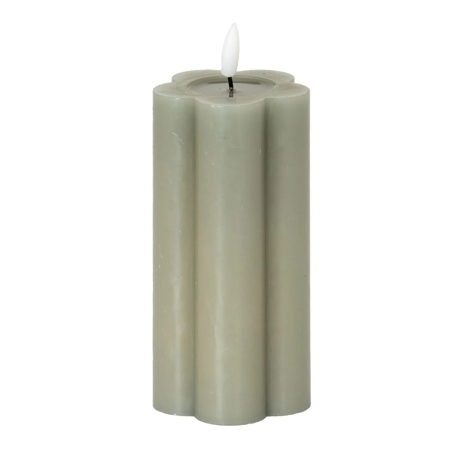 Tall Grey-Sage Scalloped Real Wax LED Flameless Pillar Candle with Realistic Flickering Flame – Battery Operated Decorative Light 15x7x7cm | Click Style