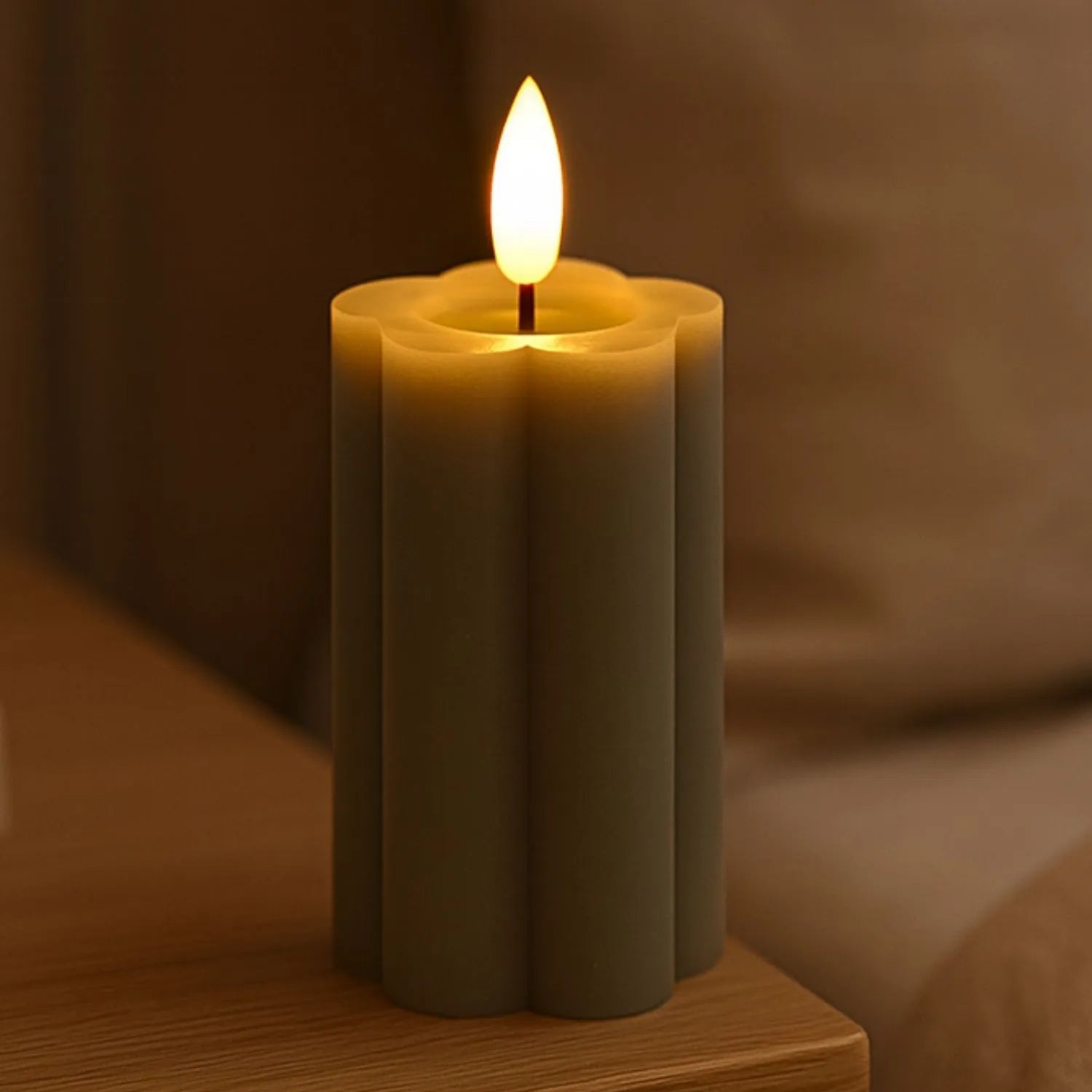 Tall Grey-Sage Scalloped Real Wax LED Flameless Pillar Candle with Realistic Flickering Flame – Battery Operated Decorative Light 15x7x7cm | Click Style