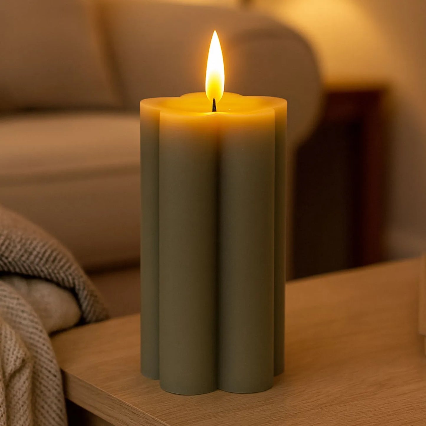 Tall Grey-Sage Scalloped Real Wax LED Flameless Pillar Candle with Realistic Flickering Flame – Battery Operated Decorative Light 15x7x7cm | Click Style