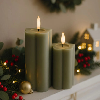 Tall Grey-Sage Scalloped Real Wax LED Flameless Pillar Candle with Realistic Flickering Flame – Battery Operated Decorative Light 15x7x7cm | Click Style