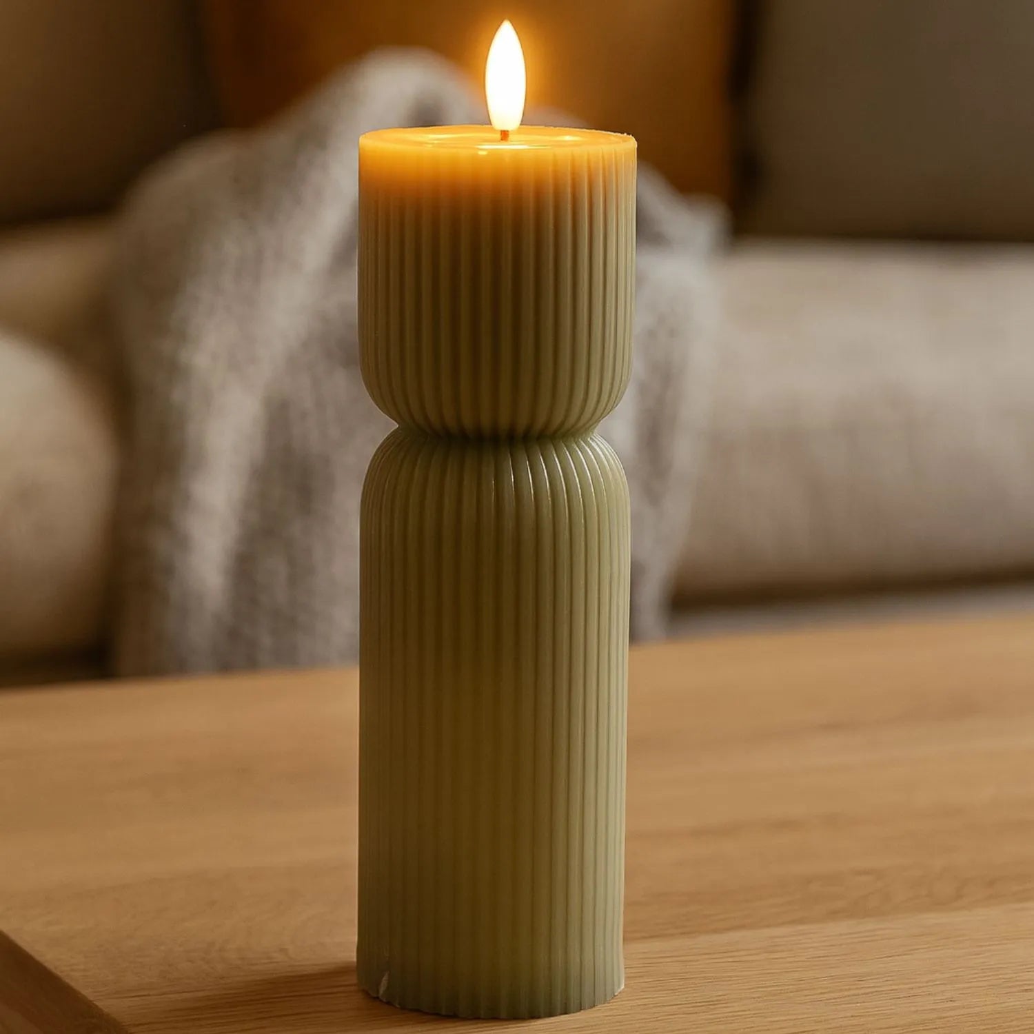 Tall Grey-Sage Sculpted Ribbed Wax LED Flameless Pillar Candle With Realistic Flickering Flame – Battery Operated Decorative Light 24x7x7cm | Click Style