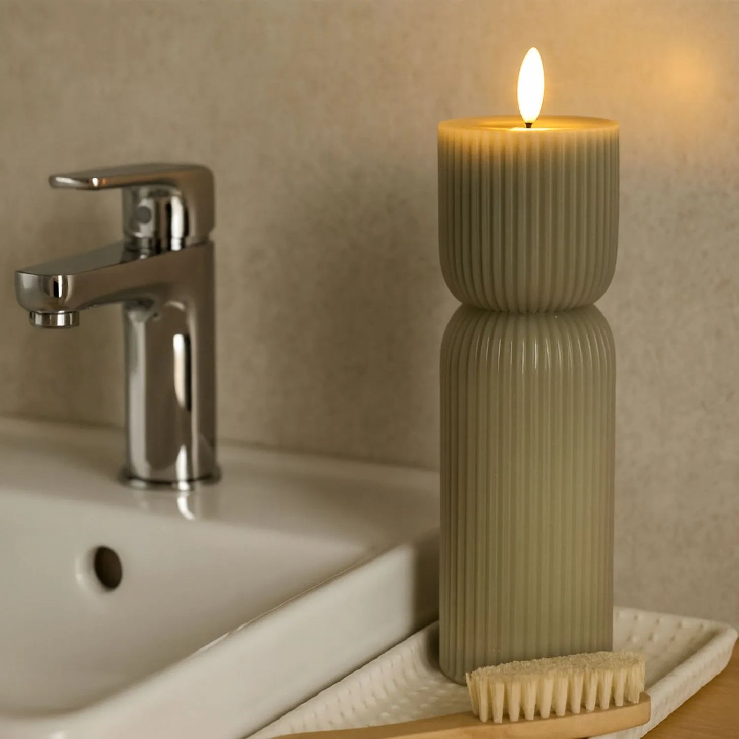 Tall Grey-Sage Sculpted Ribbed Wax LED Flameless Pillar Candle With Realistic Flickering Flame – Battery Operated Decorative Light 24x7x7cm | Click Style