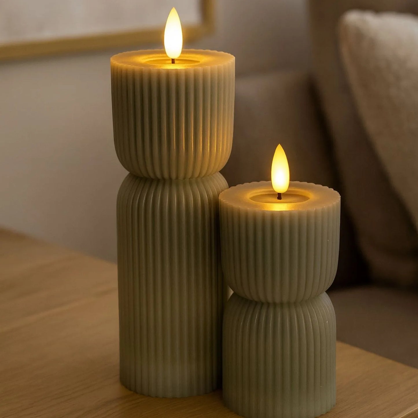 Tall Grey-Sage Sculpted Ribbed Wax LED Flameless Pillar Candle With Realistic Flickering Flame – Battery Operated Decorative Light 24x7x7cm | Click Style