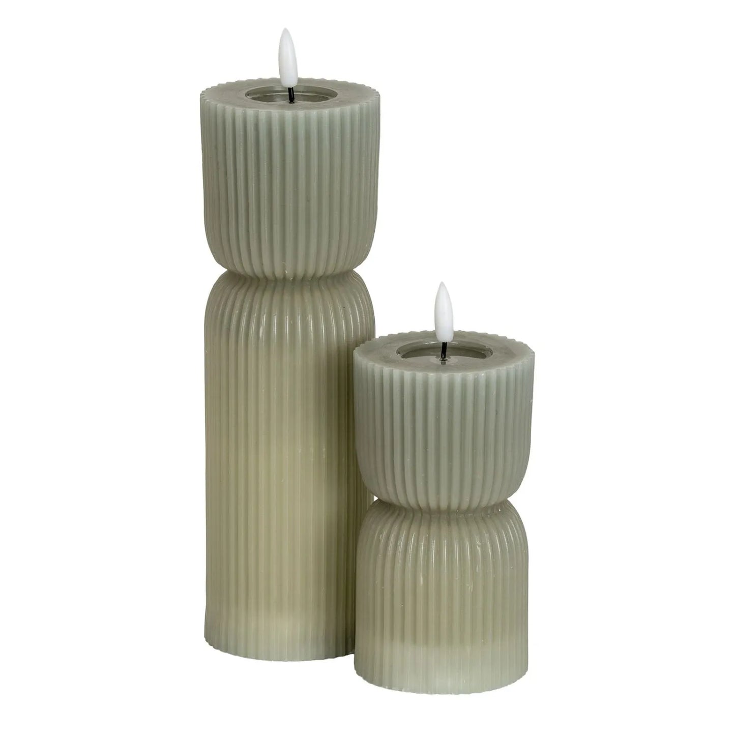 Tall Grey-Sage Sculpted Ribbed Wax LED Flameless Pillar Candle With Realistic Flickering Flame – Battery Operated Decorative Light 24x7x7cm | Click Style