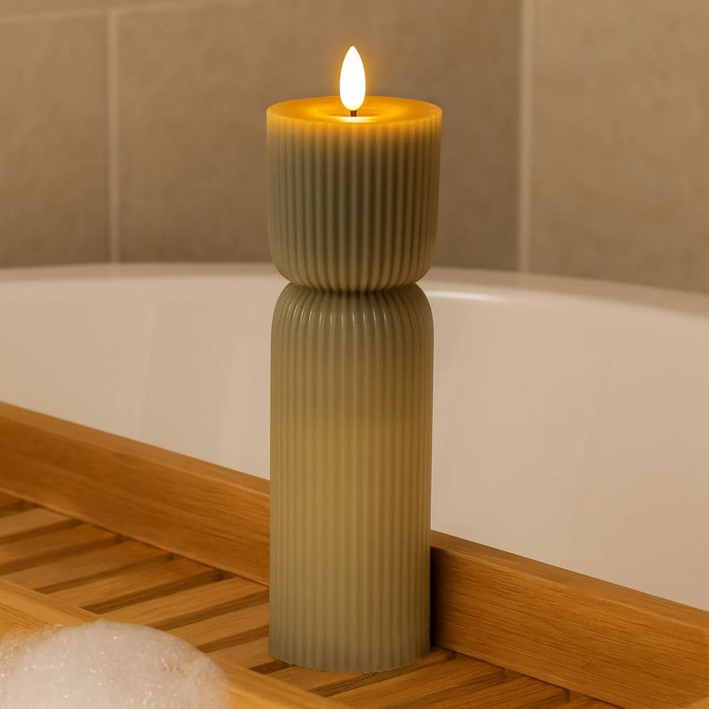 Tall Grey-Sage Sculpted Ribbed Wax LED Flameless Pillar Candle With Realistic Flickering Flame – Battery Operated Decorative Light 24x7x7cm | Click Style