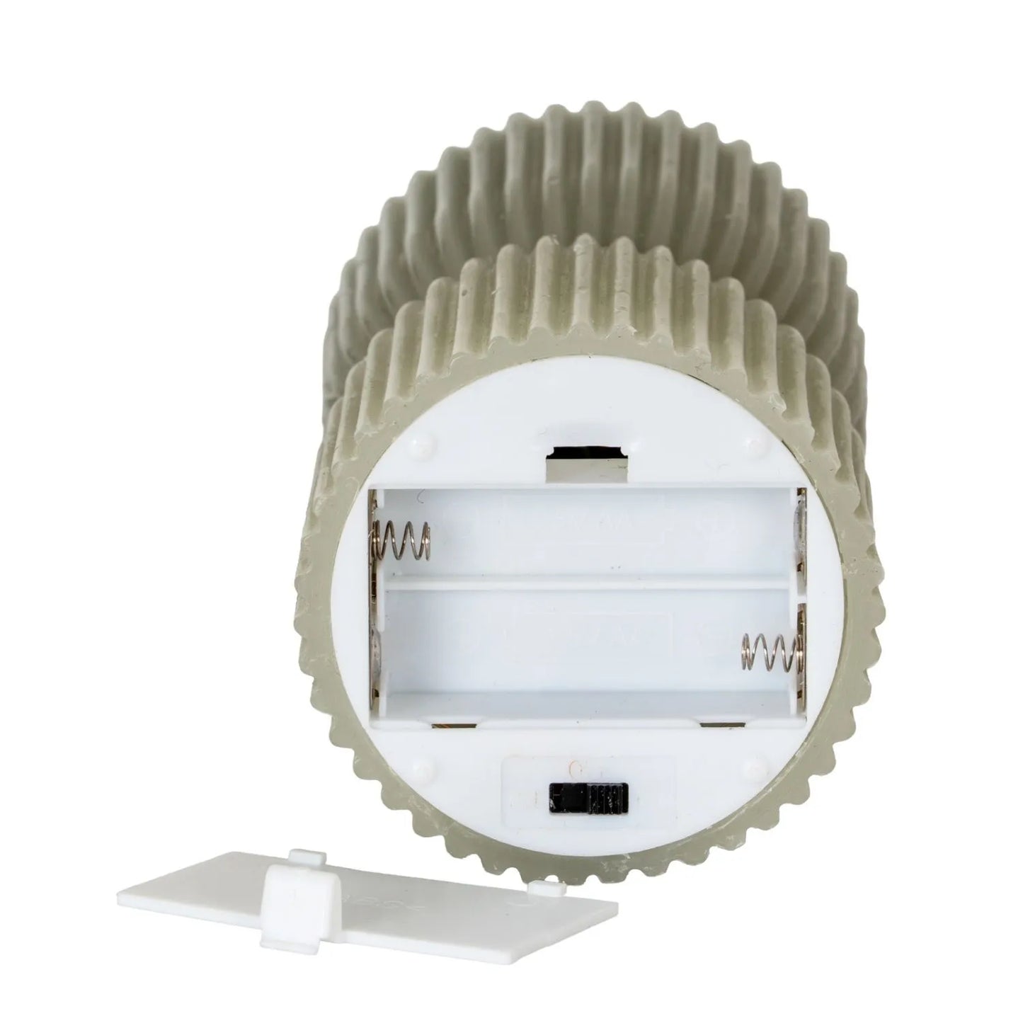 Tall Grey-Sage Sculpted Ribbed Wax LED Flameless Pillar Candle With Realistic Flickering Flame – Battery Operated Decorative Light 24x7x7cm | Click Style