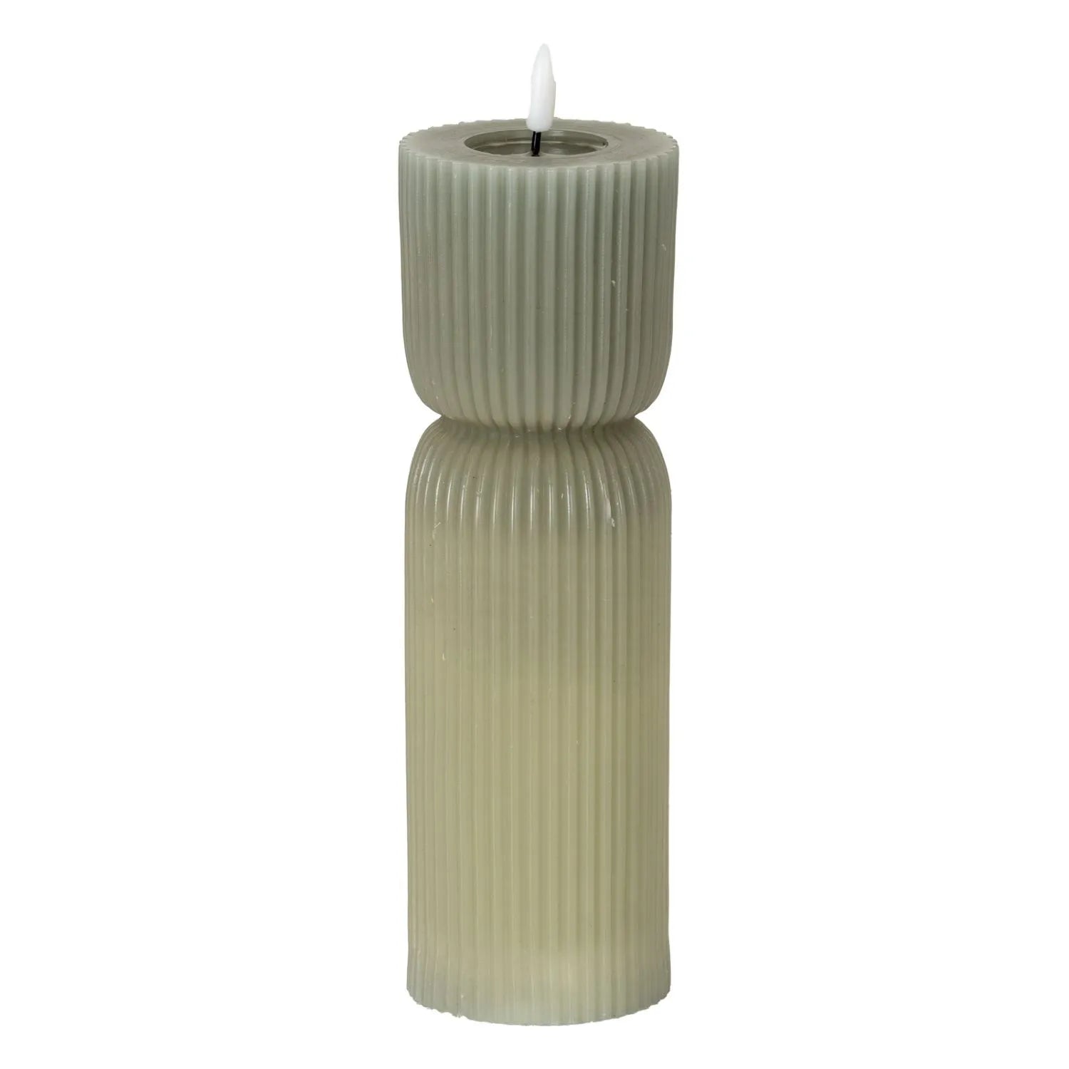 Tall Grey-Sage Sculpted Ribbed Wax LED Flameless Pillar Candle With Realistic Flickering Flame – Battery Operated Decorative Light 24x7x7cm | Click Style