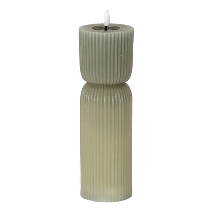 Tall Grey-Sage Sculpted Ribbed Wax LED Flameless Pillar Candle With Realistic Flickering Flame – Battery Operated Decorative Light 24x7x7cm | Click Style