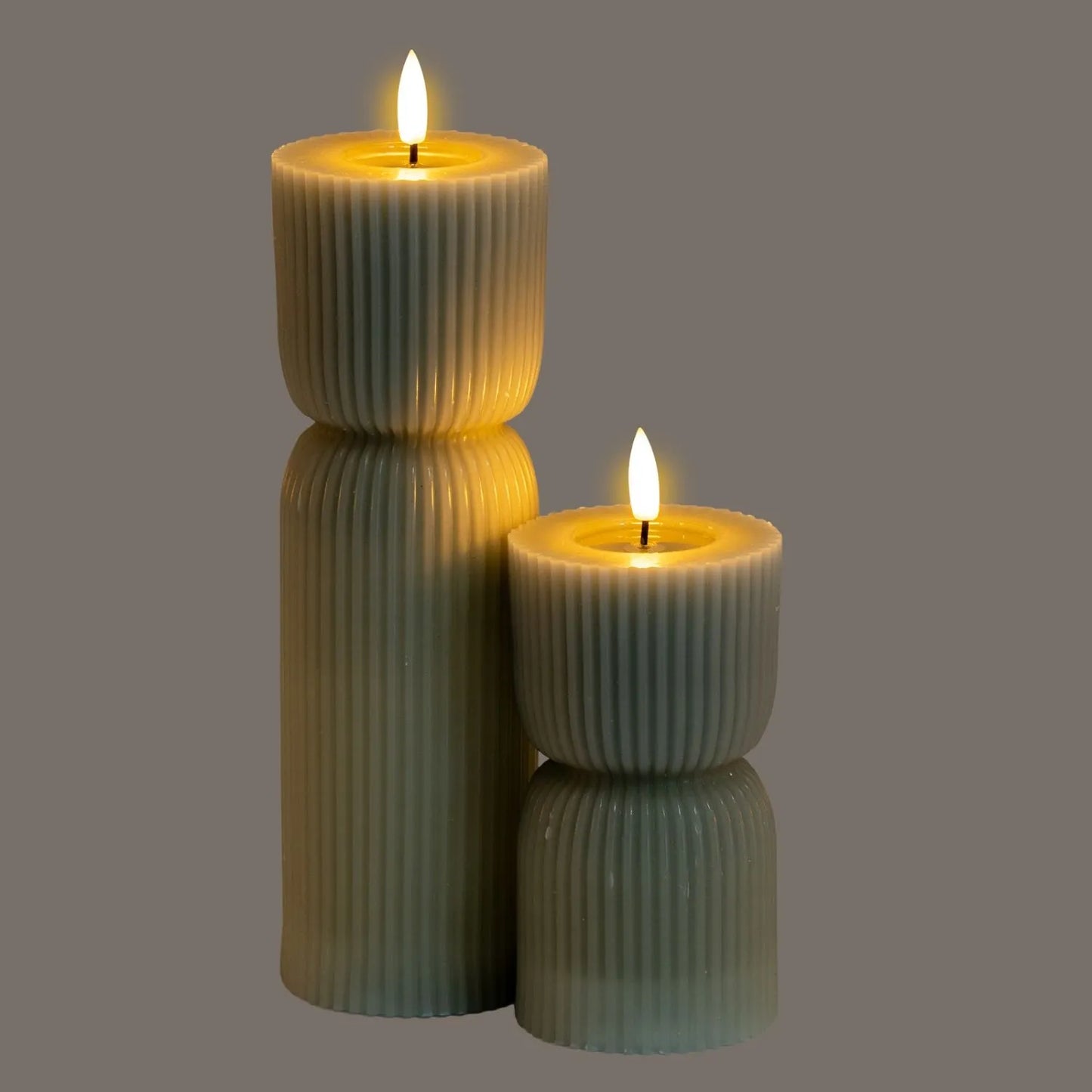 Tall Grey-Sage Sculpted Ribbed Wax LED Flameless Pillar Candle With Realistic Flickering Flame – Battery Operated Decorative Light 24x7x7cm | Click Style