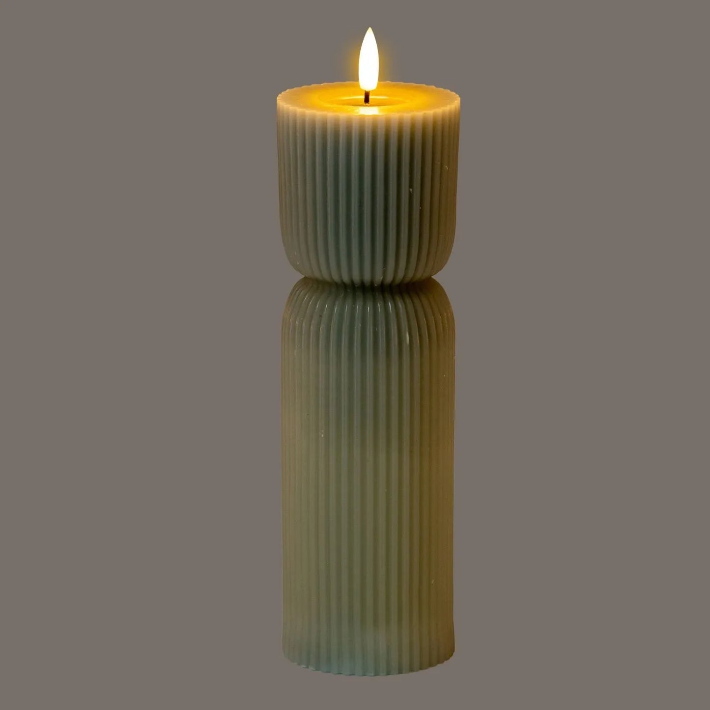 Tall Grey-Sage Sculpted Ribbed Wax LED Flameless Pillar Candle With Realistic Flickering Flame – Battery Operated Decorative Light 24x7x7cm | Click Style