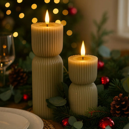 Tall Grey-Sage Sculpted Ribbed Wax LED Flameless Pillar Candle With Realistic Flickering Flame – Battery Operated Decorative Light 24x7x7cm | Click Style