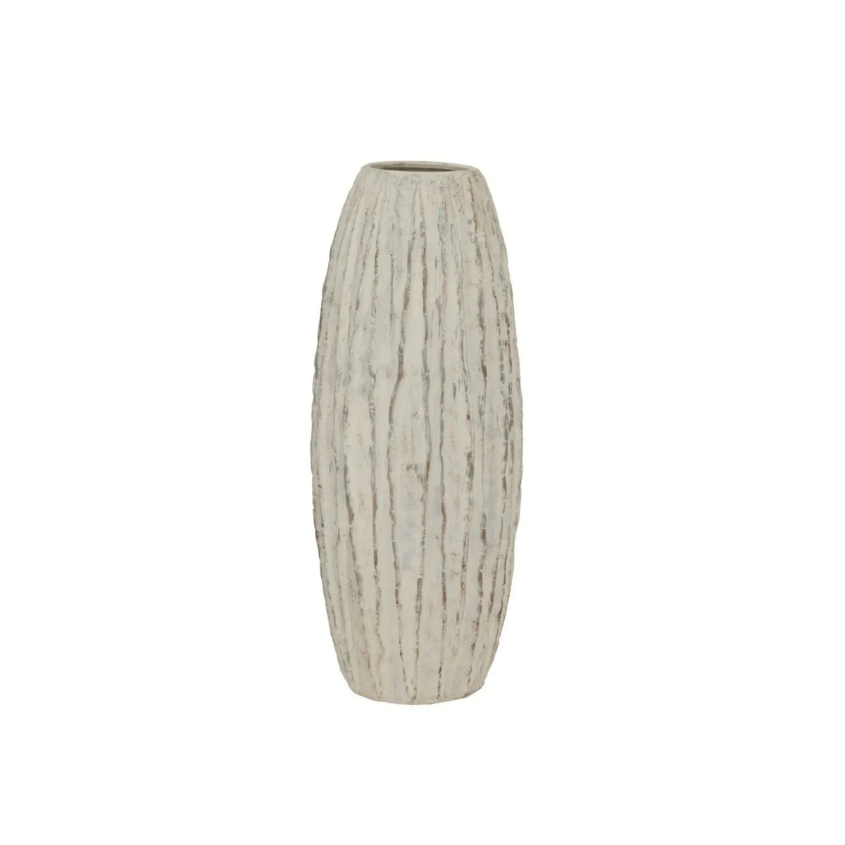 Tall Grey & White Washed Ceramic Floor Standing Vase with Raised Vertical Ribbing – Large Textured Decorative Vase 70x27x27cm – Full Product View | Click Style
