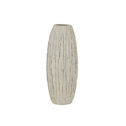 Tall Grey & White Washed Ceramic Floor Standing Vase with Raised Vertical Ribbing – Large Textured Decorative Vase 70x27x27cm – Full Product View | Click Style