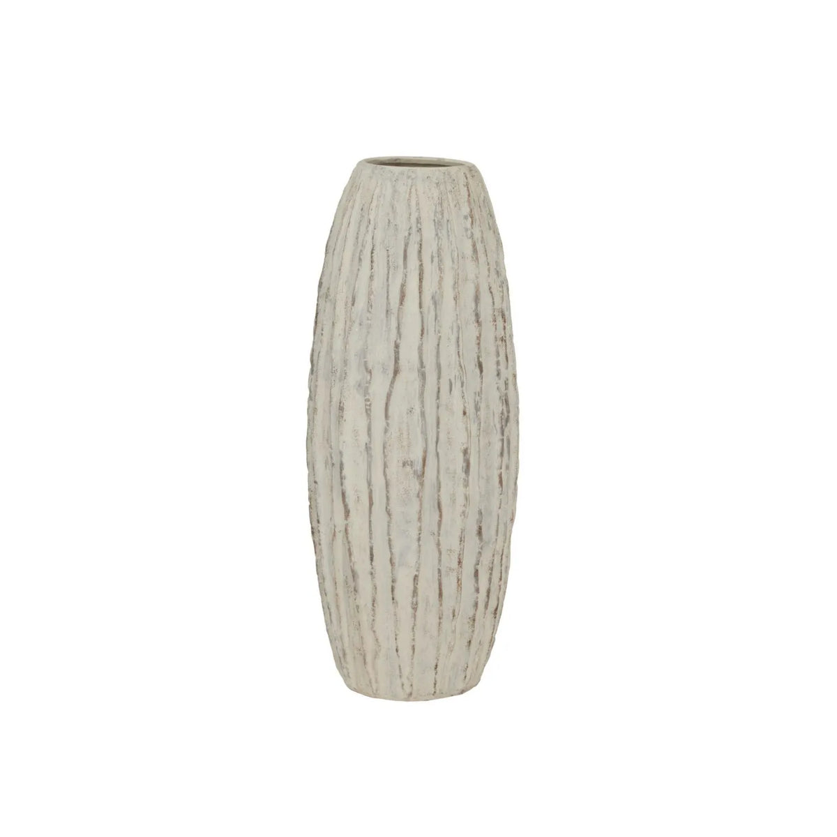 Tall Grey & White Washed Ceramic Floor Standing Vase with Raised Vertical Ribbing – Large Textured Decorative Vase 70x27x27cm – Full Front Product View | Click Style