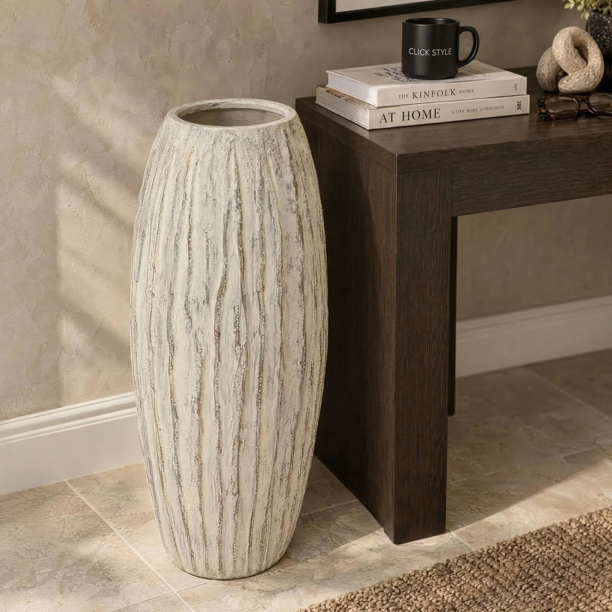 Tall Grey & White Washed Ceramic Floor Standing Vase with Raised Vertical Ribbing – Large Textured Decorative Vase 70x27x27cm – Opening Rim & Raised Ribbed Ceramic Texture | Click Style