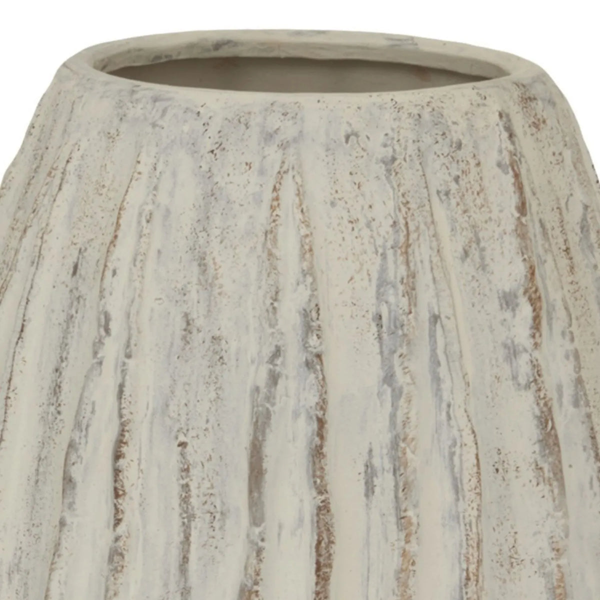 Tall Grey & White Washed Ceramic Floor Standing Vase with Raised Vertical Ribbing – Large Textured Decorative Vase 70x27x27cm – Wide Opening & Textured Rim Close-Up | Click Style