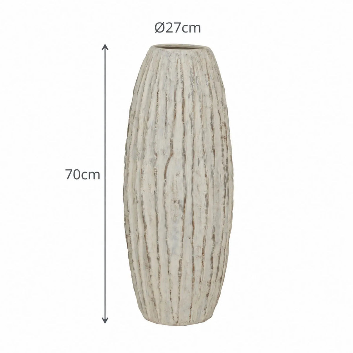 Tall Grey & White Washed Ceramic Floor Standing Vase with Raised Vertical Ribbing – Large Textured Decorative Vase 70x27x27cm – Dimensions 70cm High x 27cm Diameter | Click Style