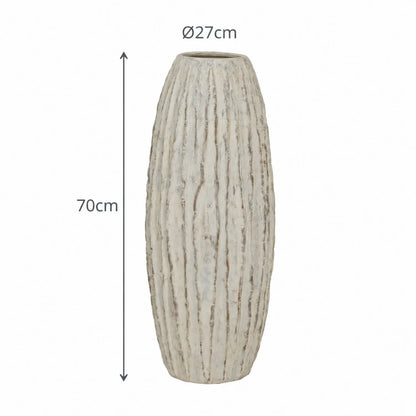 Tall Grey & White Washed Ceramic Floor Standing Vase with Raised Vertical Ribbing – Large Textured Decorative Vase 70x27x27cm – Dimensions 70cm High x 27cm Diameter | Click Style