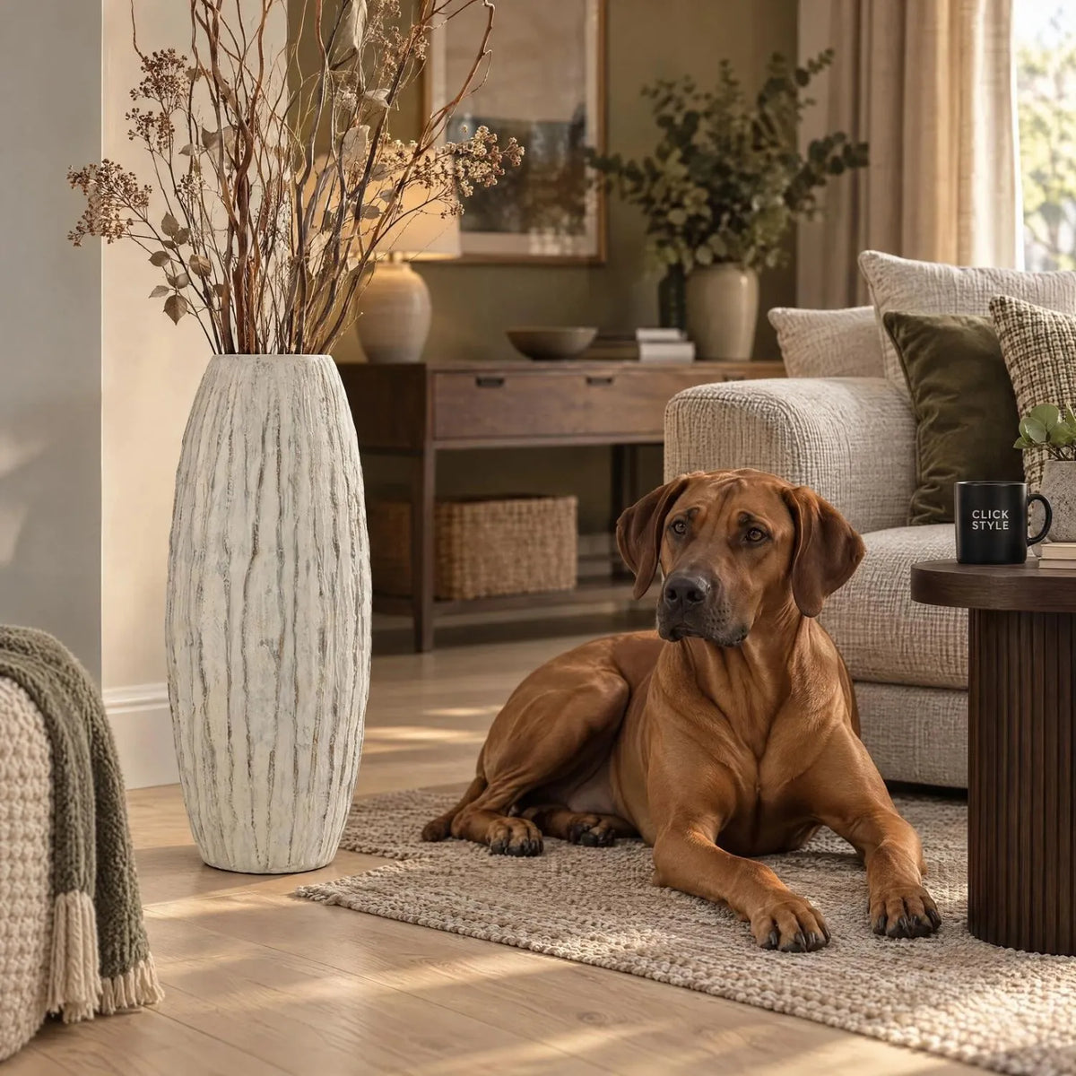 Tall Grey & White Washed Ceramic Floor Standing Vase with Raised Vertical Ribbing – Large Textured Decorative Vase 70x27x27cm – Styled Living Room with Rhodesian Ridgeback | Click Style