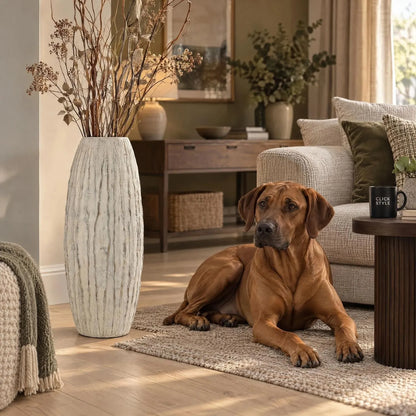 Tall Grey & White Washed Ceramic Floor Standing Vase with Raised Vertical Ribbing – Large Textured Decorative Vase 70x27x27cm – Styled Living Room with Rhodesian Ridgeback | Click Style