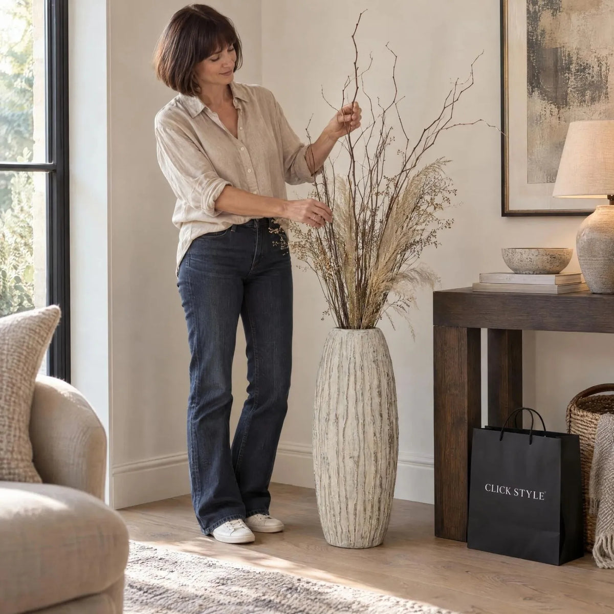 Tall Grey & White Washed Ceramic Floor Standing Vase with Raised Vertical Ribbing – Large Textured Decorative Vase 70x27x27cm – Woman Styling with Tall Dried Branches | Click Style