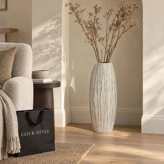 Tall Grey & White Washed Ceramic Floor Standing Vase with Raised Vertical Ribbing – Large Textured Decorative Vase 70x27x27cm – Styled with Tall Dried Branches in Neutral Living Room | Click Style