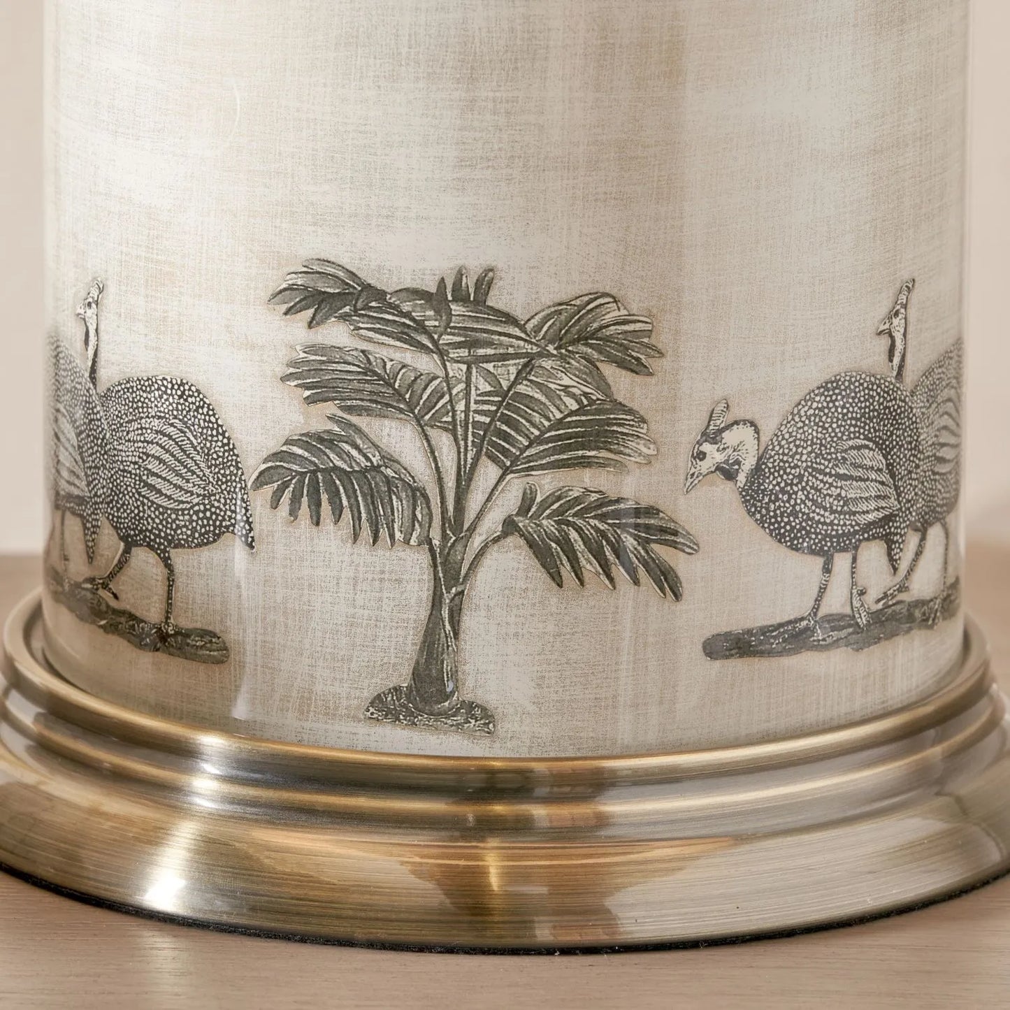 Tall Guinea Fowl Cream Champagne & Gold Glass Table Lamp Base with Cylindrical Shape & Antique Brass Base – Handcrafted Statement Lighting 46x20x20cm by Jenny Worrall | Click Style