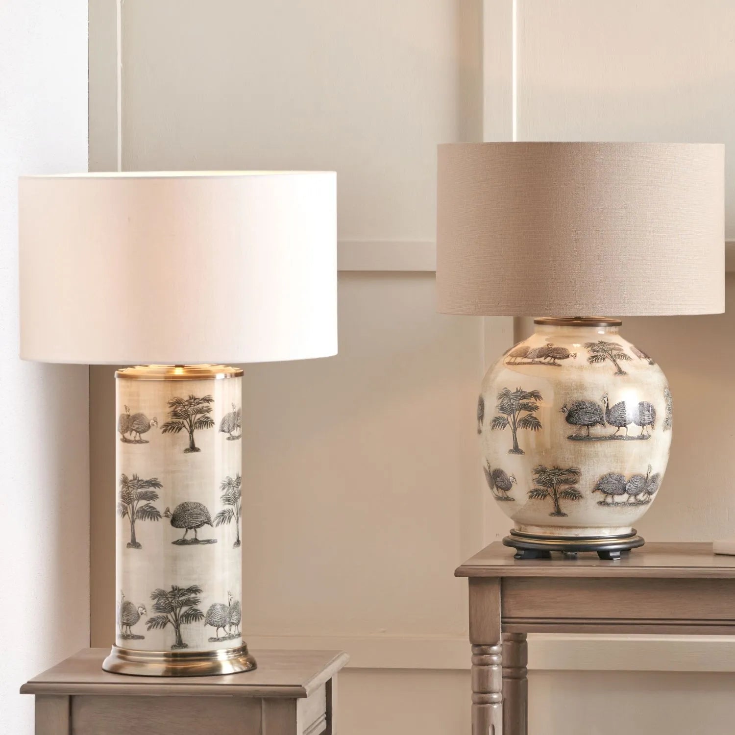 Tall Guinea Fowl Cream Champagne & Gold Glass Table Lamp Base with Cylindrical Shape & Antique Brass Base – Handcrafted Statement Lighting 46x20x20cm by Jenny Worrall | Click Style