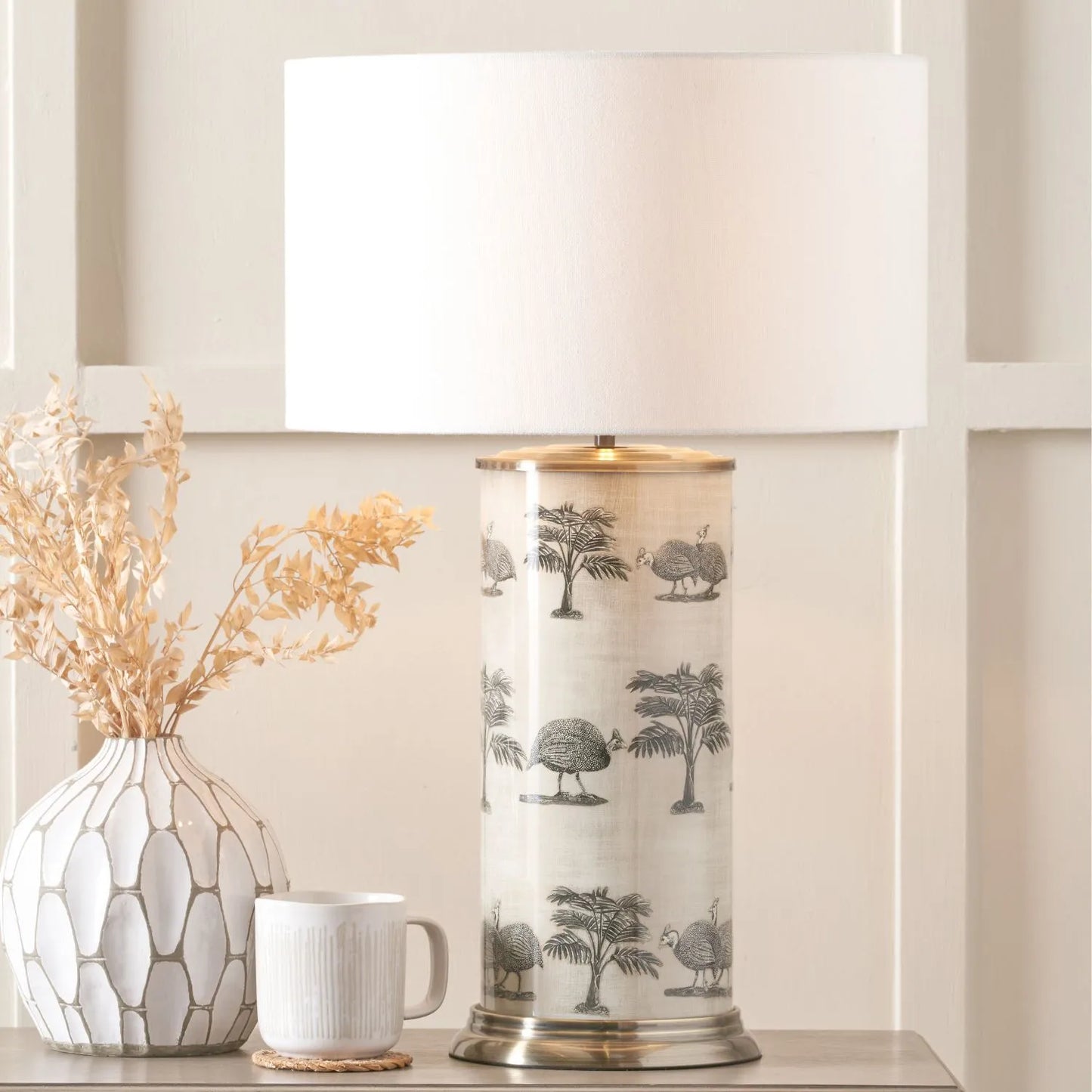 Tall Guinea Fowl Cream Champagne & Gold Glass Table Lamp Base with Cylindrical Shape & Antique Brass Base – Handcrafted Statement Lighting 46x20x20cm by Jenny Worrall | Click Style