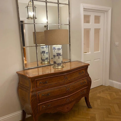 Tall Guinea Fowl Cream Champagne & Gold Glass Table Lamp with 40cm Beige Taupe Handloom Drum Shade – Handcrafted Cylindrical Statement Lighting 63x40x40cm – 5-star customer photograph showing full table lamp on traditional wooden chest of drawers beneath large panelled wall mirror | Click Style