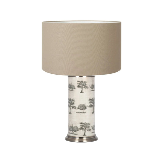 Jenny Worrall Tall Guinea Fowl Cream Champagne & Gold Glass Table Lamp with 40cm Beige Taupe Handloom Drum Shade – Handcrafted Cylindrical Statement Lighting 63x40x40cm | Click Style