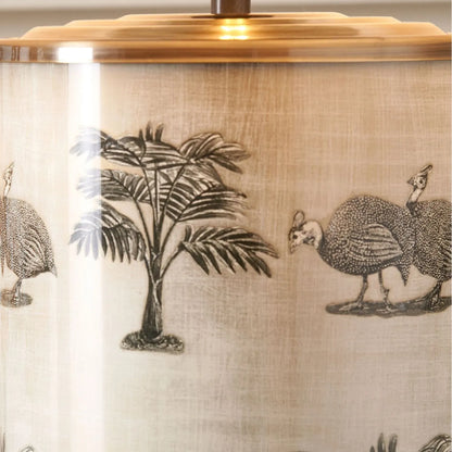 Jenny Worrall Tall Guinea Fowl Cream Champagne & Gold Glass Table Lamp with 40cm Beige Taupe Handloom Drum Shade – Handcrafted Cylindrical Statement Lighting 63x40x40cm | Click Style