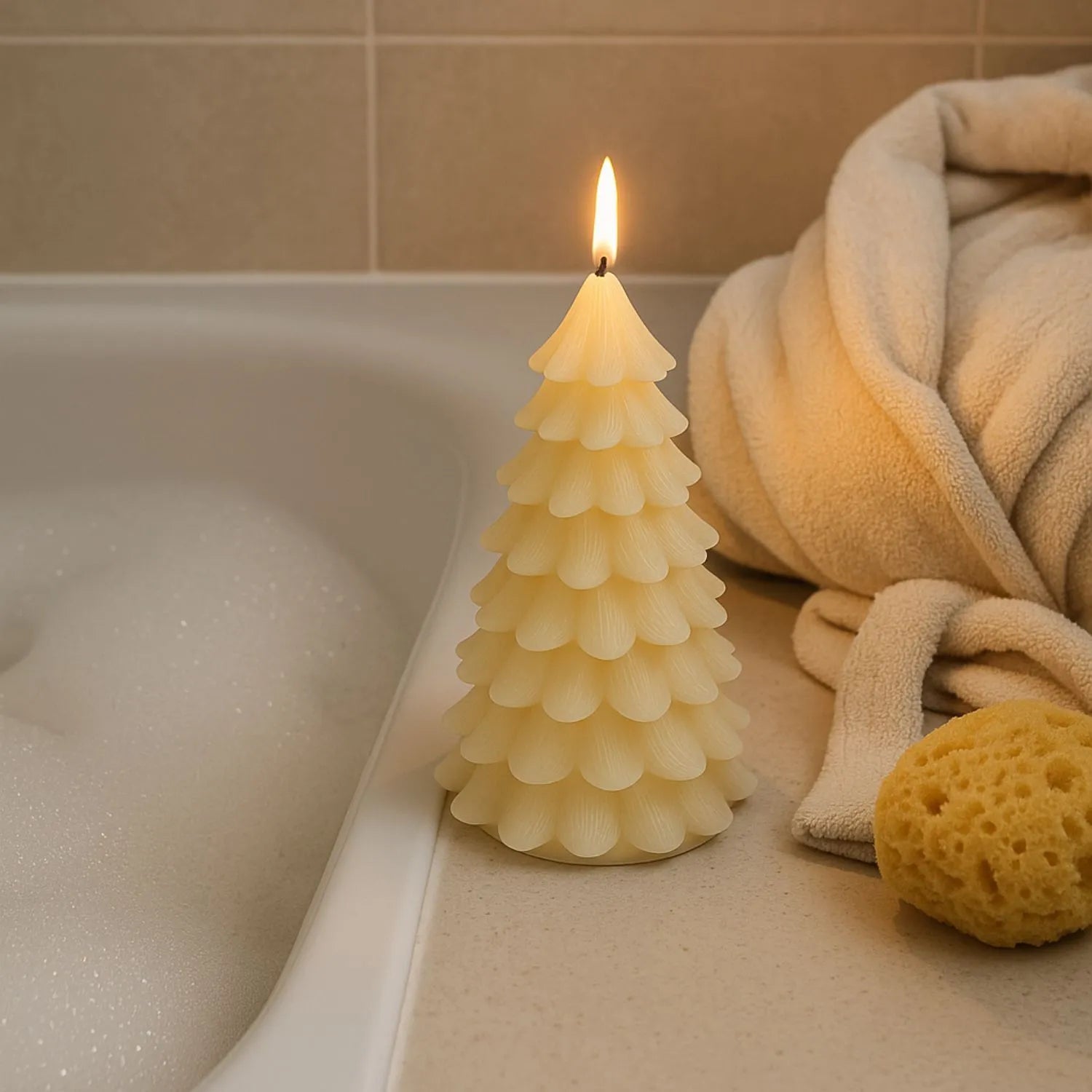 Tall Layered Cream Real Wax LED Christmas Tree Candle with Realistic Flickering Flame – Festive Battery Operated Decorative Light 22x11x11cm | Click Style