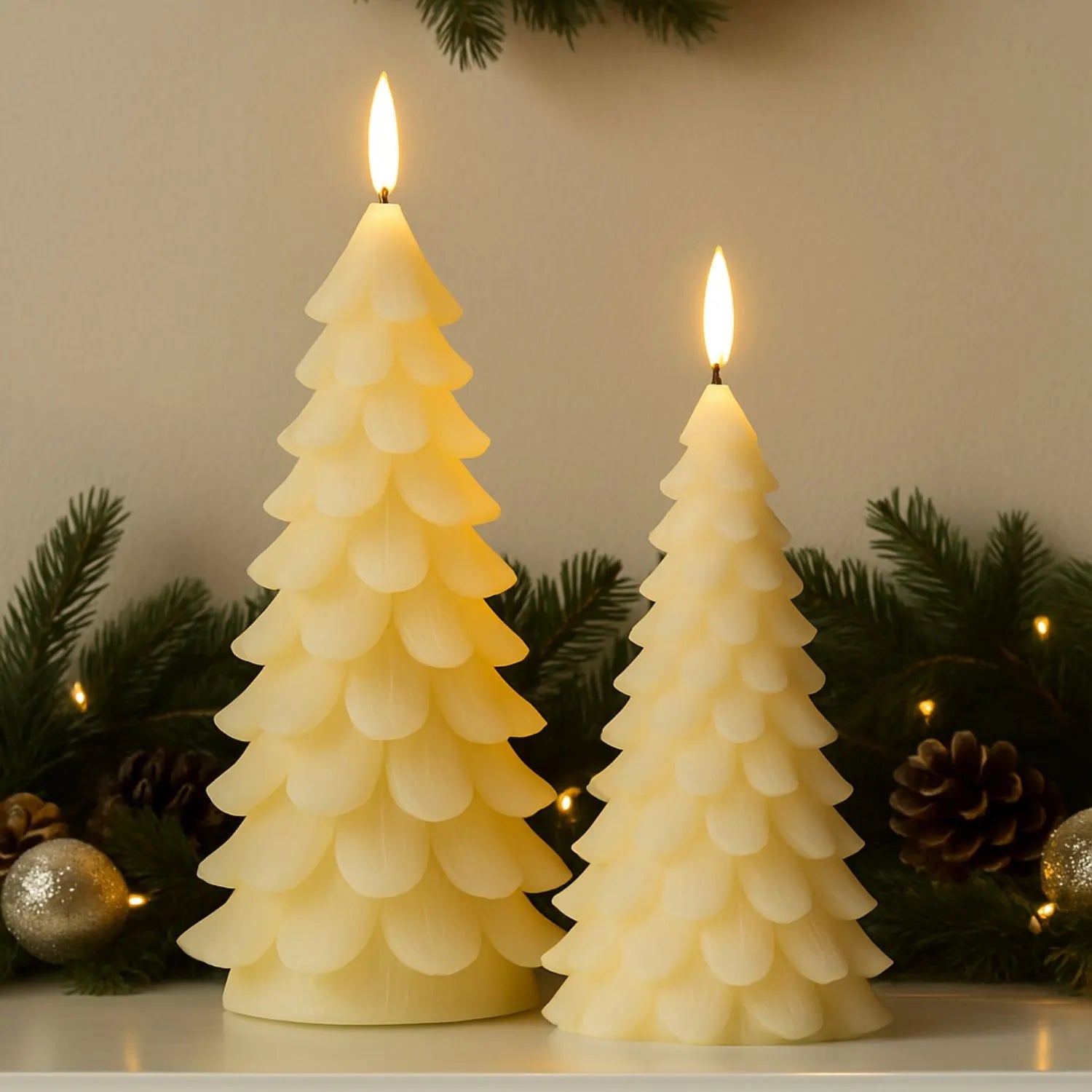Tall Layered Cream Real Wax LED Christmas Tree Candle with Realistic Flickering Flame – Festive Battery Operated Decorative Light 22x11x11cm | Click Style