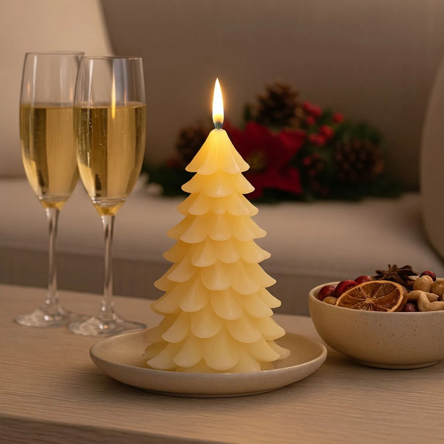 Tall Layered Cream Real Wax LED Christmas Tree Candle with Realistic Flickering Flame – Festive Battery Operated Decorative Light 22x11x11cm | Click Style