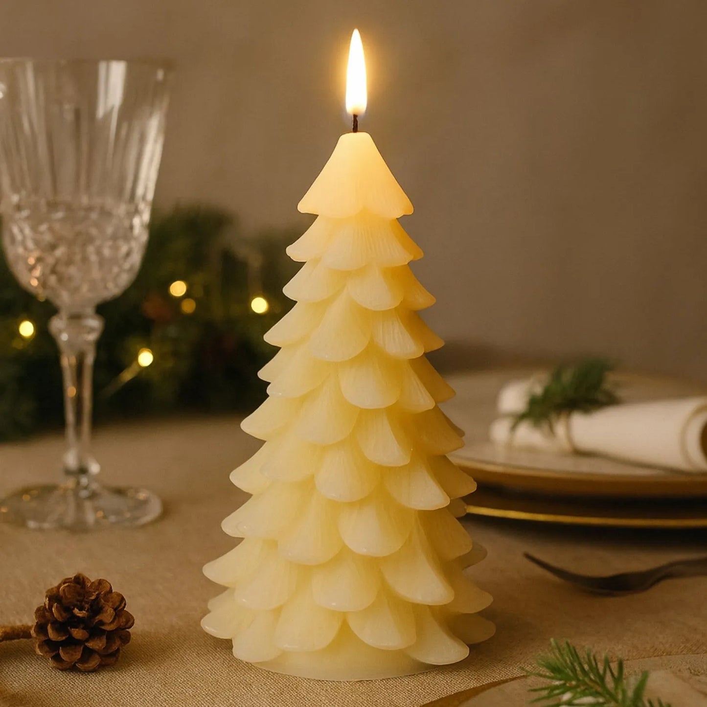Tall Layered Cream Real Wax LED Christmas Tree Candle with Realistic Flickering Flame – Festive Battery Operated Decorative Light 22x11x11cm | Click Style